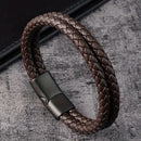 Pulseira Masculina de Couro Trançado com Aço Inoxidável – Estilo Moderno