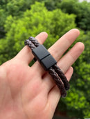 Pulseira Masculina de Couro Trançado com Aço Inoxidável – Estilo Moderno