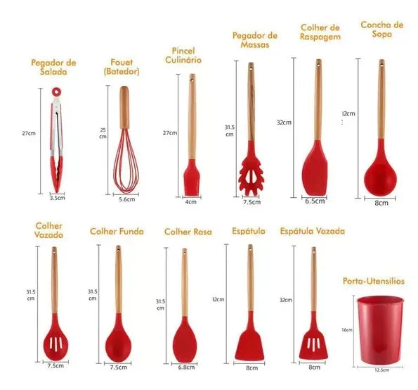 Kit de 12 Utensílios de Cozinha em Silicone | Colheres e Espátulas Antiaderentes com Suporte – Livre de BPA