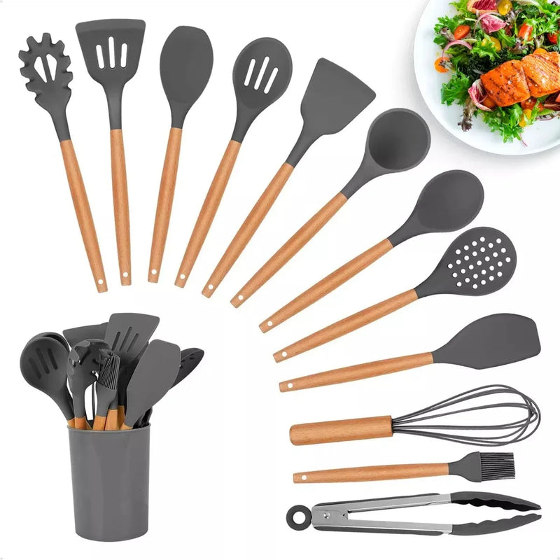 Kit de 12 Utensílios de Cozinha em Silicone | Colheres e Espátulas Antiaderentes com Suporte – Livre de BPA