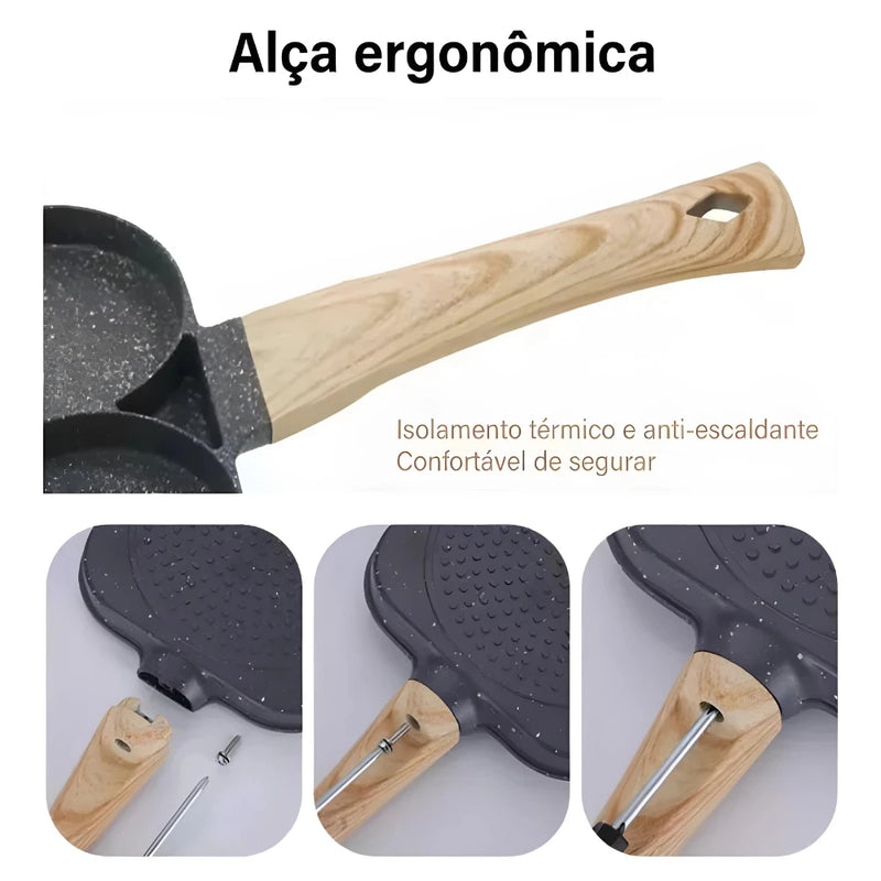 Frigideira Antiaderente com 3 Compartimentos | Para Ovos, Bacon, Carne e Hambúrguer | Panela Multifuncional para Fogão a Gás