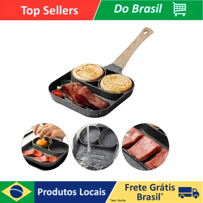 Frigideira Antiaderente com 3 Compartimentos | Para Ovos, Bacon, Carne e Hambúrguer | Panela Multifuncional para Fogão a Gás