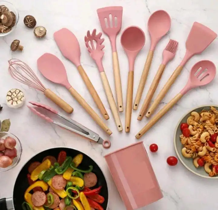 Kit de 12 Utensílios de Cozinha em Silicone | Colheres e Espátulas Antiaderentes com Suporte – Livre de BPA