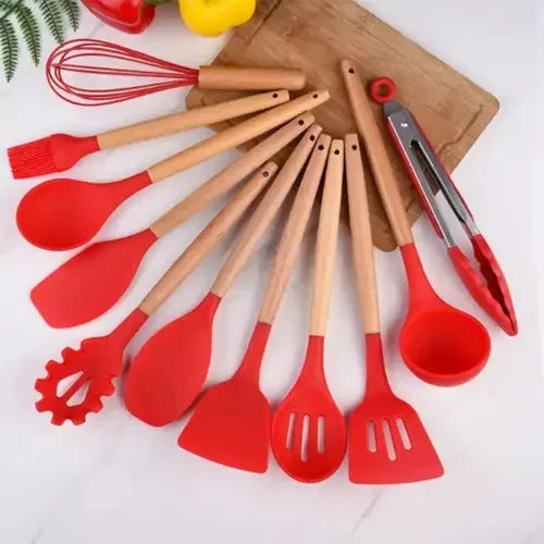 Kit de 12 Utensílios de Cozinha em Silicone | Colheres e Espátulas Antiaderentes com Suporte – Livre de BPA