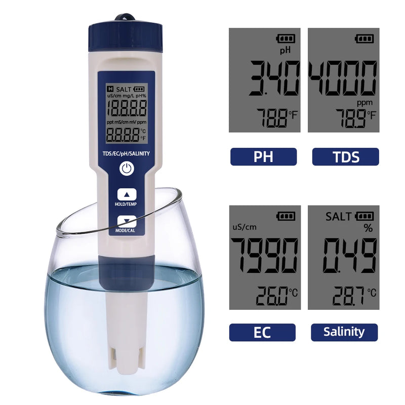 Medidor Digital 5 em 1 JUANJUAN – pH, Temperatura, TDS, EC e Salinidade com Calibração Automática à Prova d’Água