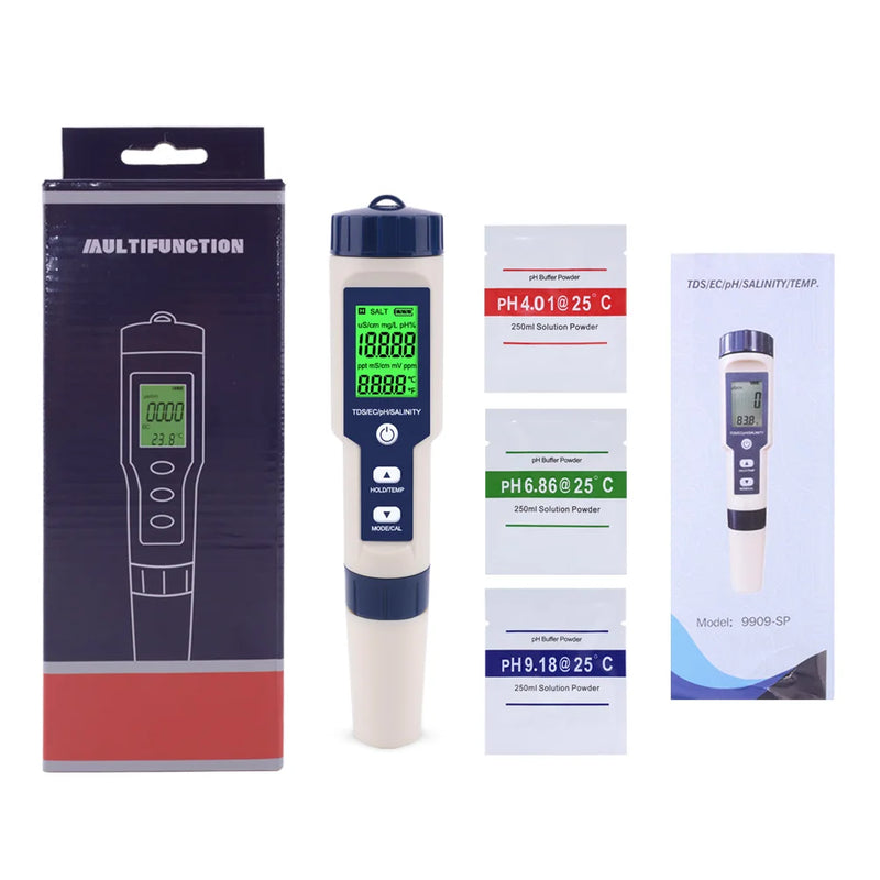 Medidor Digital 5 em 1 JUANJUAN – pH, Temperatura, TDS, EC e Salinidade com Calibração Automática à Prova d’Água