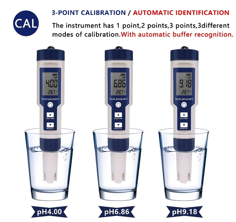 Medidor Digital 5 em 1 JUANJUAN – pH, Temperatura, TDS, EC e Salinidade com Calibração Automática à Prova d’Água
