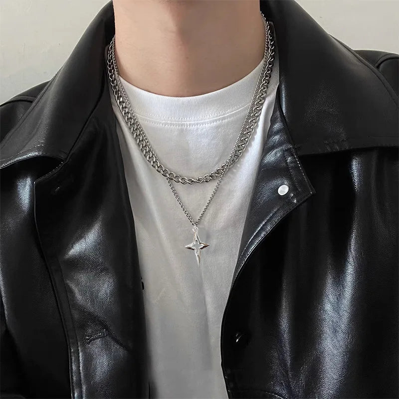 Colar Duplo com Pingente de Estrela – Corrente de Aço Inoxidável para Homens e Mulheres, Estilo Hip-Hop