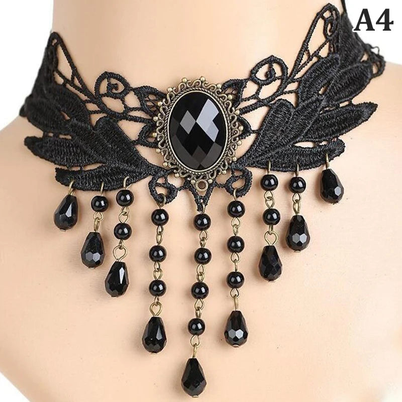 Gargantilha Gótica Feminina com Cristal e Renda – Colar Vintage Vitoriano Steampunk