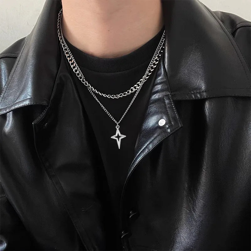 Colar Duplo com Pingente de Estrela – Corrente de Aço Inoxidável para Homens e Mulheres, Estilo Hip-Hop