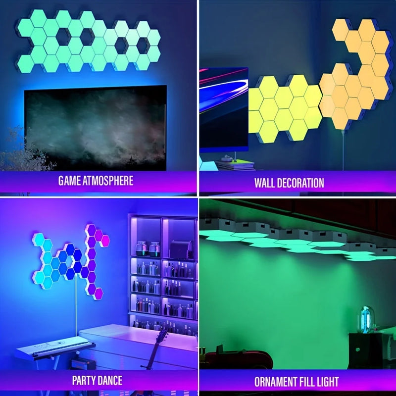 Lâmpada de Parede Hexagonal Inteligente RGB – Luz Noturna Ambiente com Ritmo Musical e Controle por App