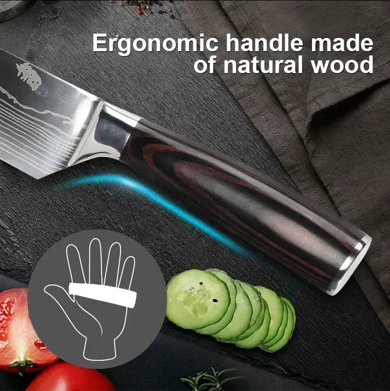 Faca de Cozinha Laser Damascus InLeung | Cutelo, Chef, Carne, Frutas e Pão | Faca Multifuncional para Barbecue e Preparos Domésticos