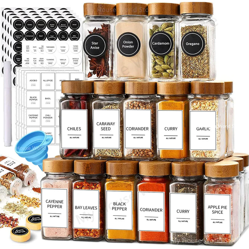 Conjunto de 13 Frascos de Especiarias de Vidro TCJJ | Potes de 4oz com Tampas de Bambu | Organizador de Temperos e Especiarias