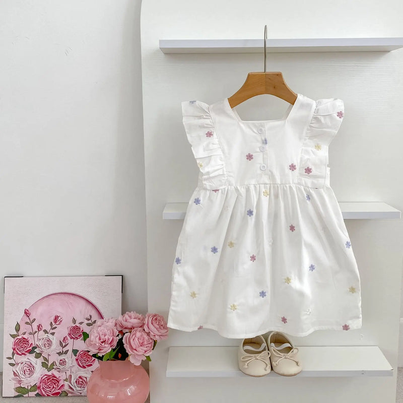 Vestido Infantil Princesa Floral com Bordado – Algodão, 1 a 6 Anos – Modelo Europeu