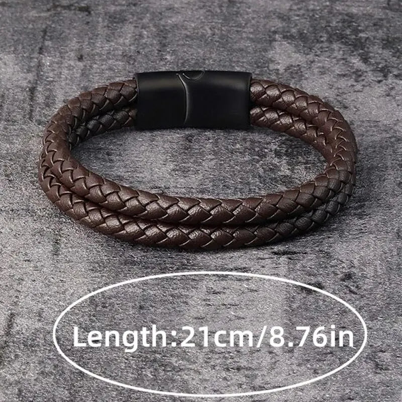 Pulseira Masculina de Couro Trançado com Aço Inoxidável – Estilo Moderno