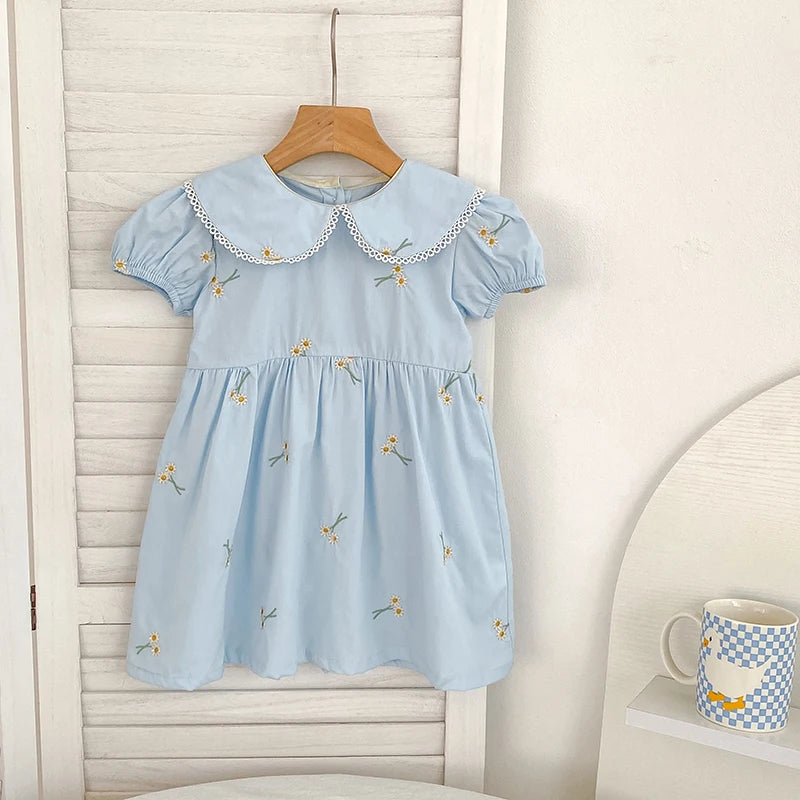 Vestido Infantil Princesa Floral com Bordado – Algodão, 1 a 6 Anos – Modelo Europeu