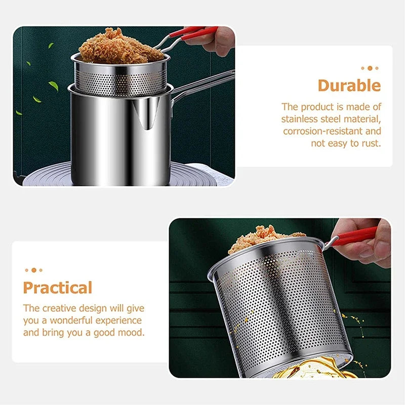 Conjunto de Frigideiras Japonesas de Aço Inoxidável 304 | Fritadeira Profunda Econômica em Óleo com Cesto para Tempurá, Frango e Batatas
