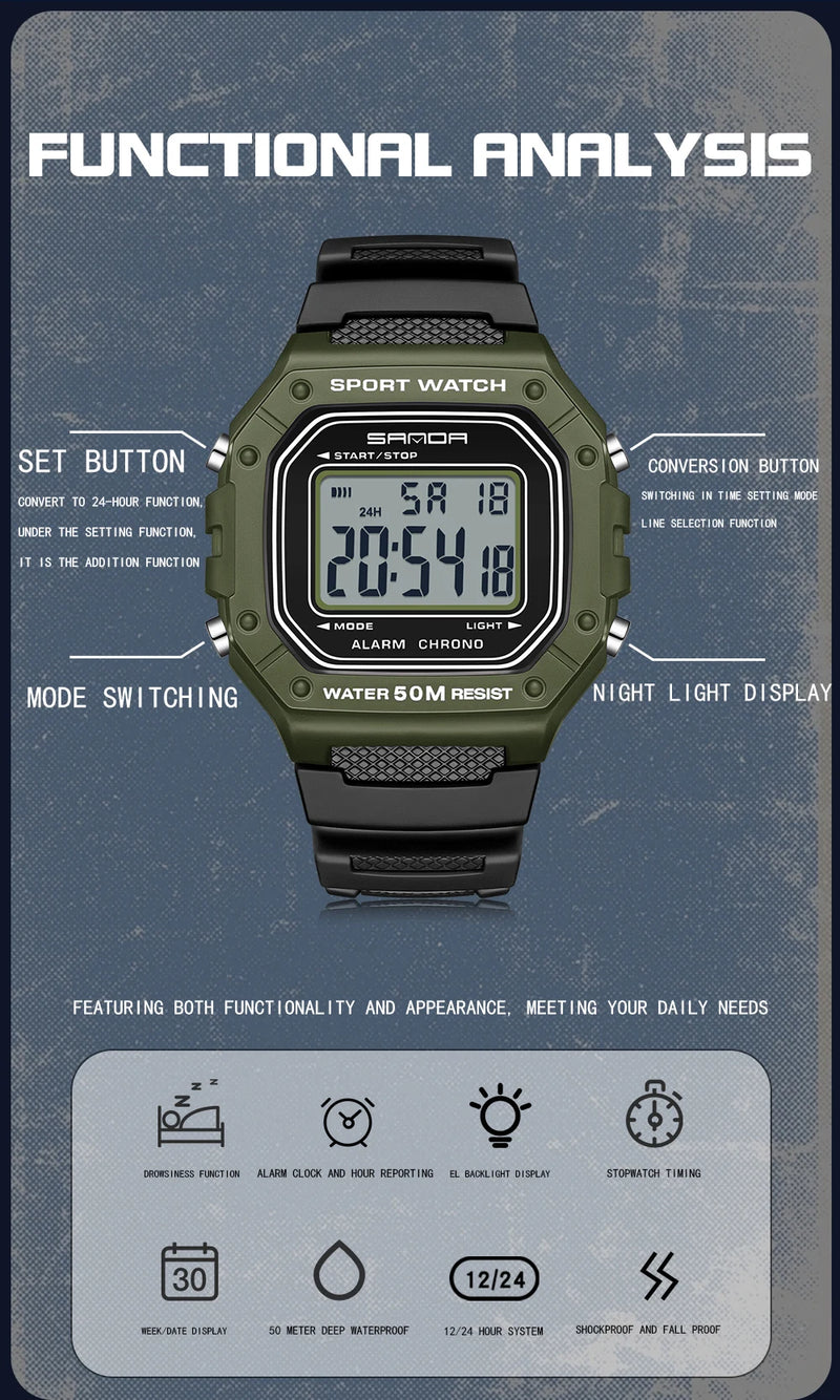 Relógio Masculino Esportivo SANDA 2156 – Digital Militar, à Prova d’Água, com LED e Cronômetro