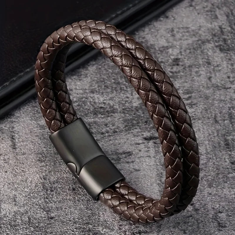 Pulseira Masculina de Couro Trançado com Aço Inoxidável – Estilo Moderno