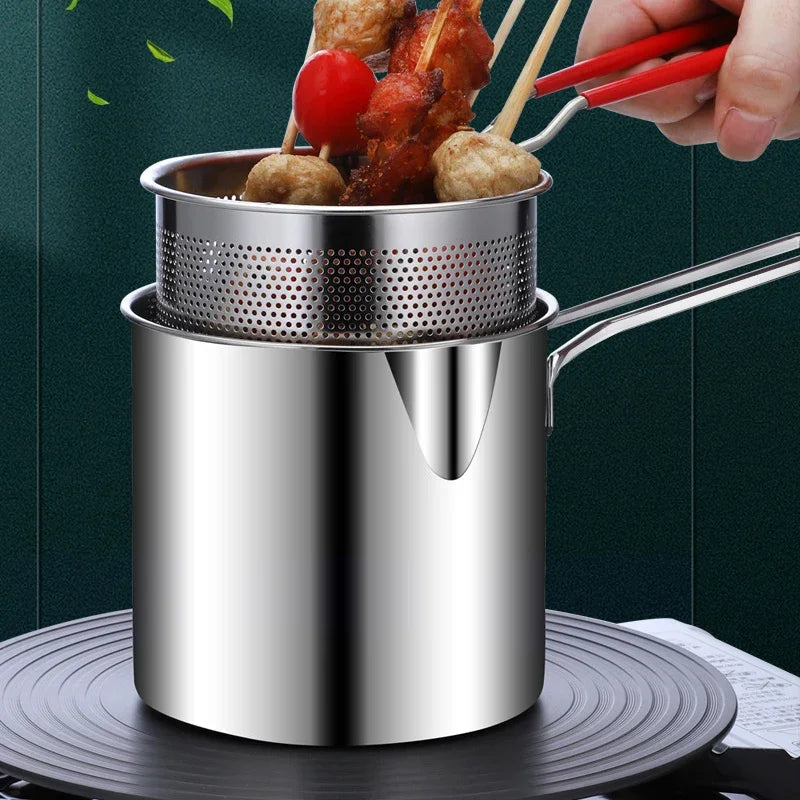 Conjunto de Frigideiras Japonesas de Aço Inoxidável 304 | Fritadeira Profunda Econômica em Óleo com Cesto para Tempurá, Frango e Batatas