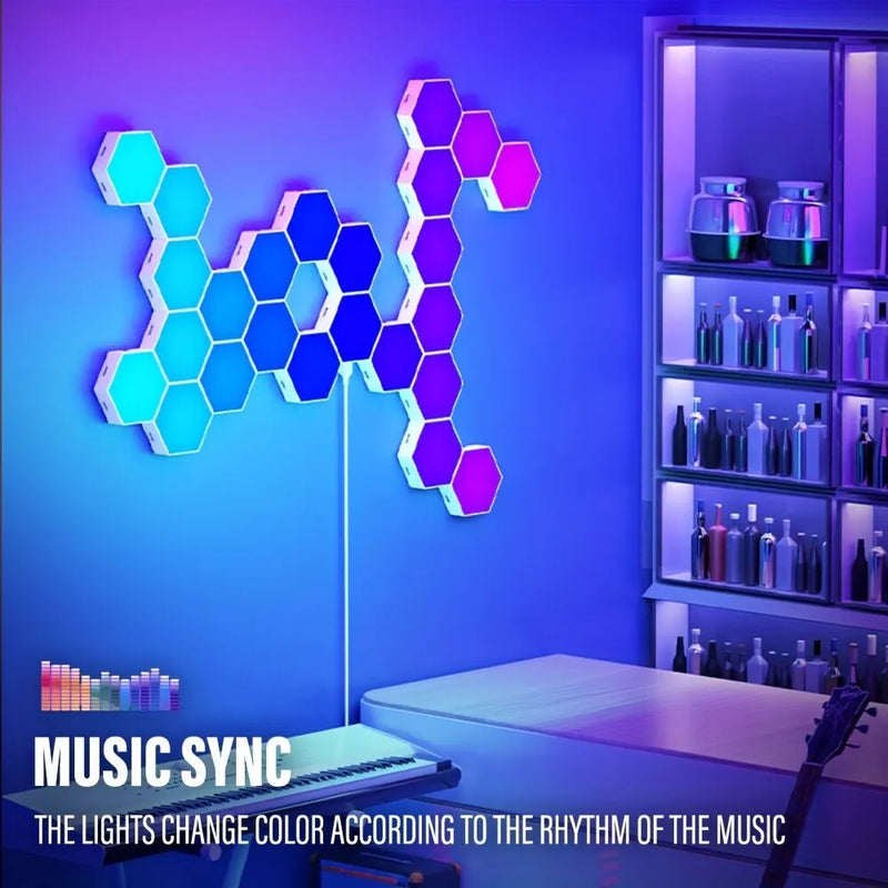 Lâmpada de Parede Hexagonal Inteligente RGB – Luz Noturna Ambiente com Ritmo Musical e Controle por App