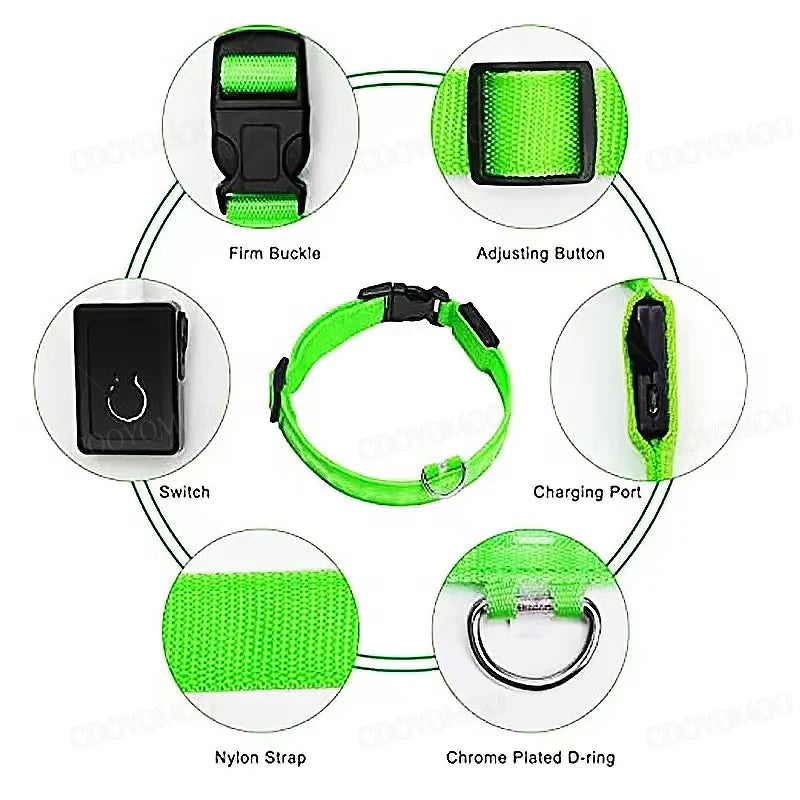 Coleira LED Recarregável para Cachorros e Gatos – 3 Modos Luminosa com USB, Destacável, Anti-Perda para Noite