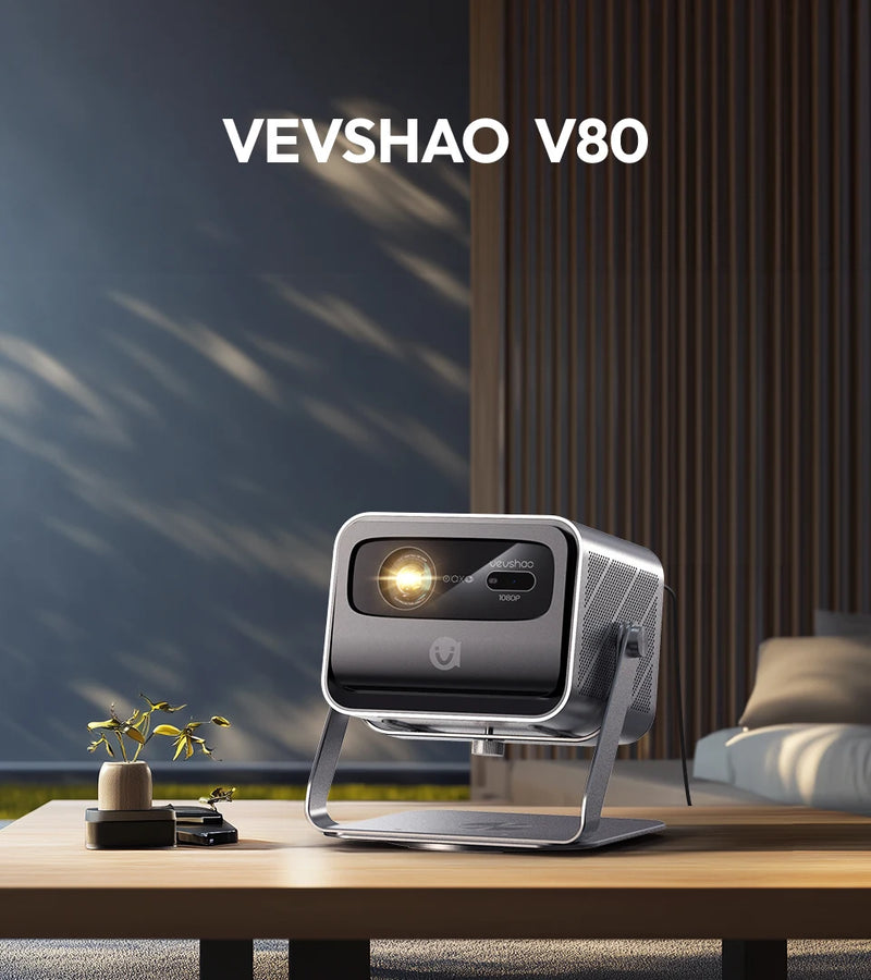 VEVSHAO V80 Projetor 4K – Full HD 1080P, 2200 Lúmens, Android 11, WiFi 6, Home Theater com Suporte Base