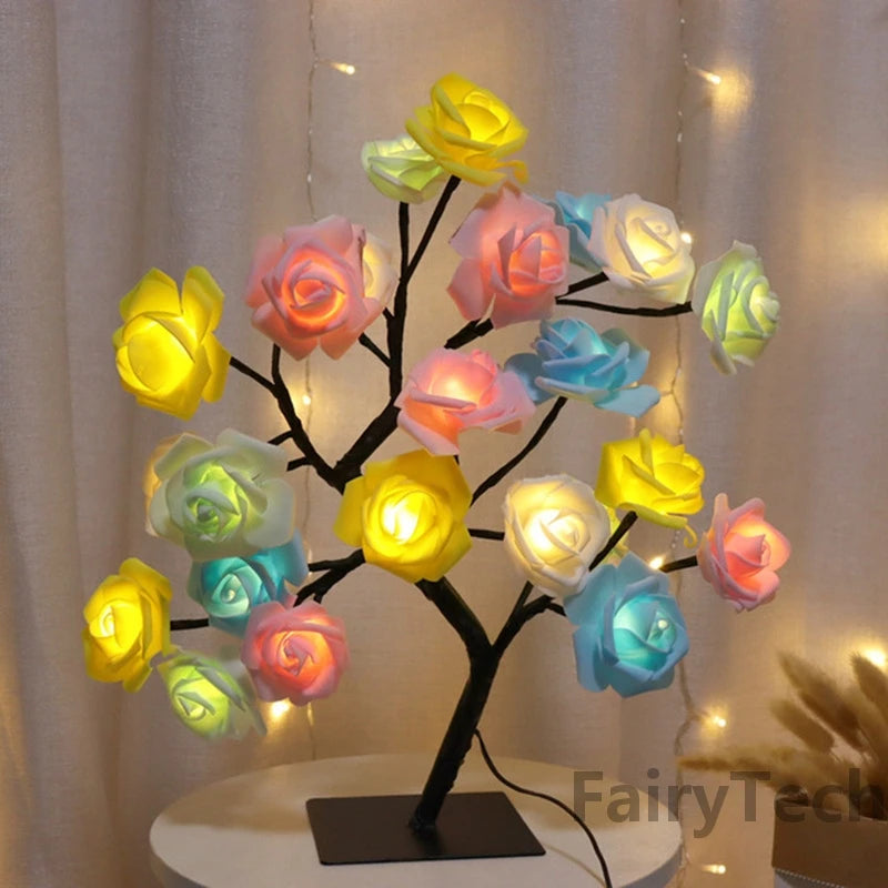 Luminária de Mesa LED Rosa Flor com Luzes de Fadas – USB, Decoração de Natal, Festa, Quarto, Casamento e Presente do Dia das Mães