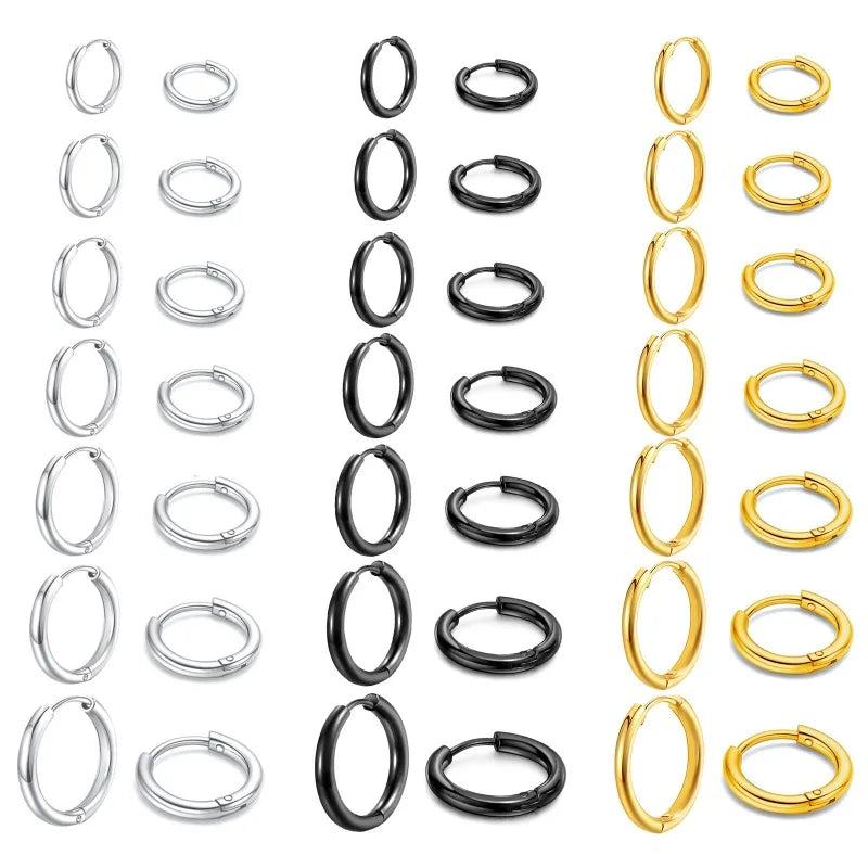 Conjunto de 7 Pares de Brincos Huggies de Aço Inoxidável | Argolas Unissex para Cartilagem e Orelha