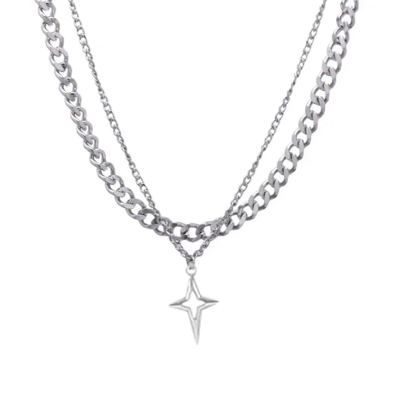 Colar Duplo com Pingente de Estrela – Corrente de Aço Inoxidável para Homens e Mulheres, Estilo Hip-Hop