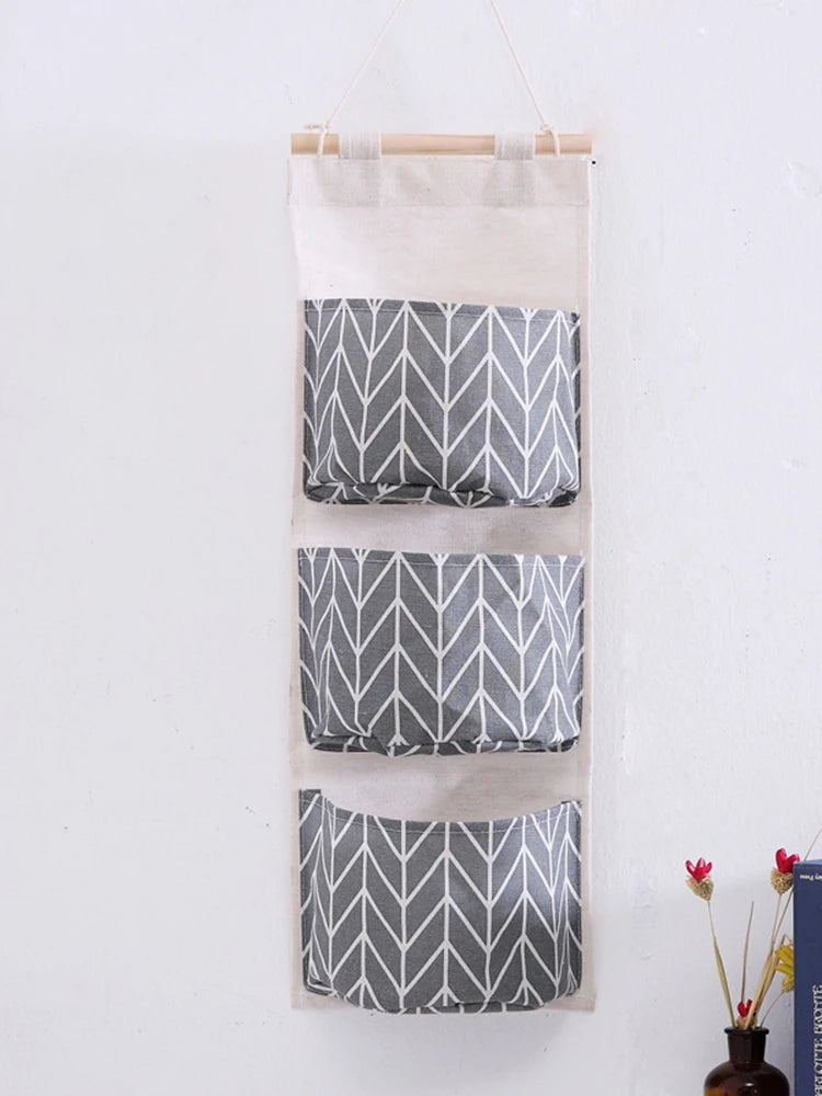 Bolsa de Armazenamento de Parede com 3 Bolsos | Organizador de Algodão e Linho para Casa, Quarto, Sala e Cozinha
