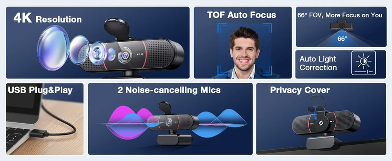 Webcam EMEET C960 4K – USB com Tripé, Autofoco e Microfone Integrado para Streaming e Videoconferências