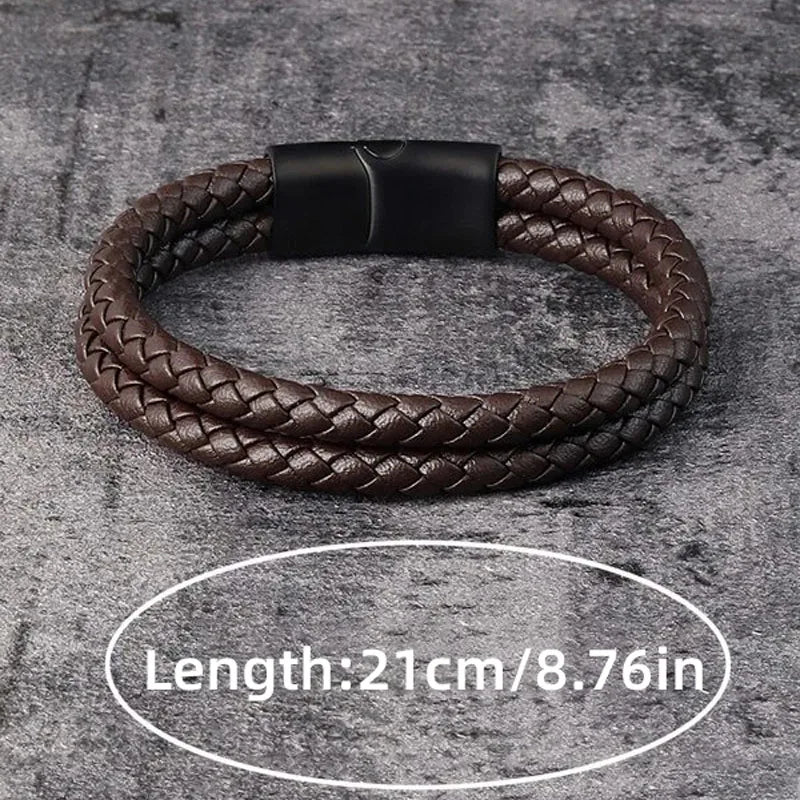 Pulseira Masculina de Couro Trançado com Aço Inoxidável – Estilo Moderno
