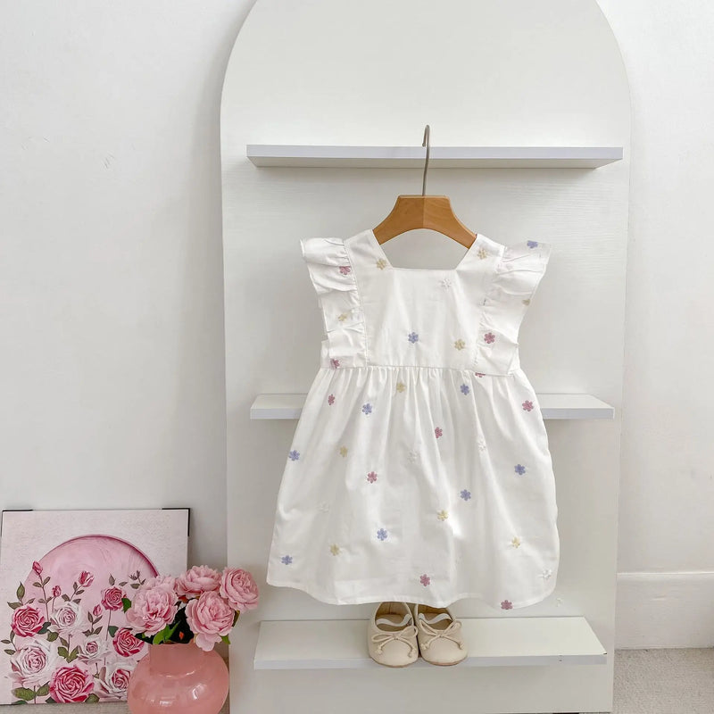 Vestido Infantil Princesa Floral com Bordado – Algodão, 1 a 6 Anos – Modelo Europeu