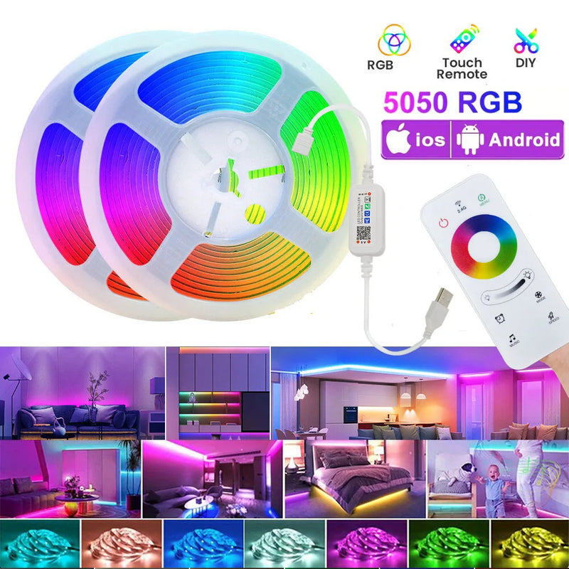 1-30m/100ft Luz de Tira LED USB RGB com Bluetooth, Controle por Toque e App – Backlight para TV e Decoração de Quarto