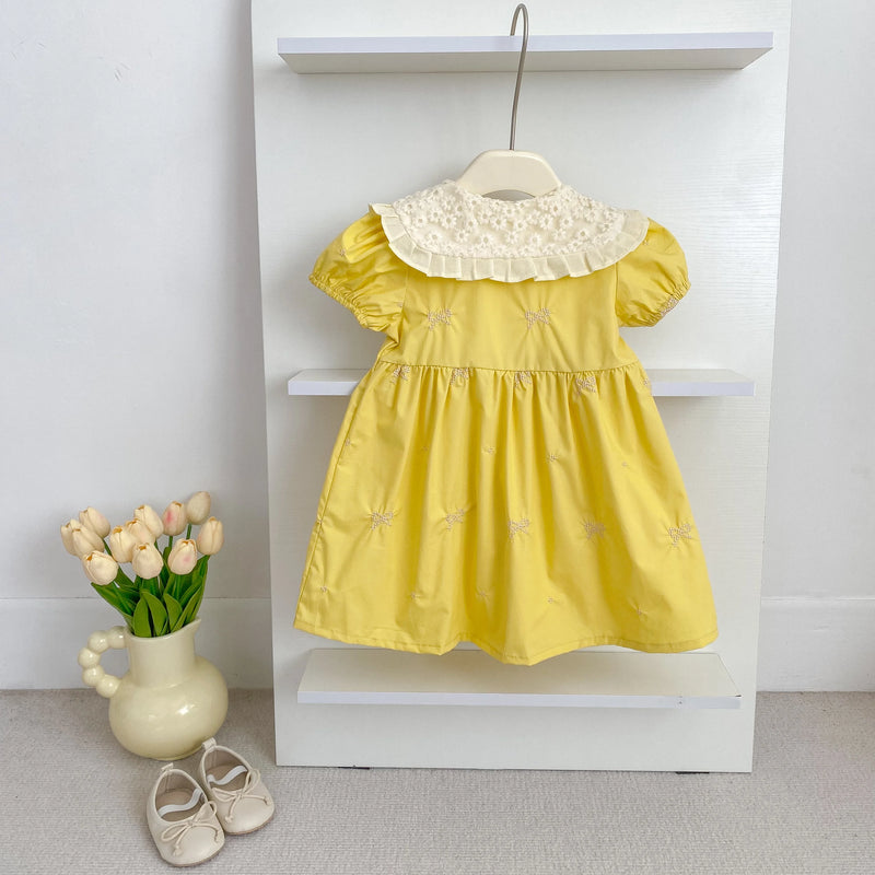 Vestido Infantil Princesa Floral com Bordado – Algodão, 1 a 6 Anos – Modelo Europeu
