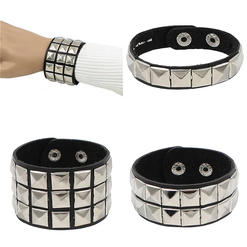 Pulseira Gótica Punk 2025 em Couro PU com 3 Fileiras de Spikes e Correntes | Acessório Unissex