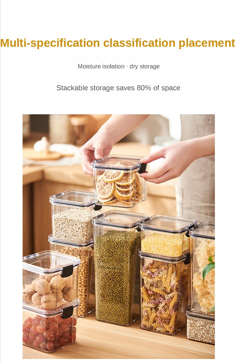 Caixa de Armazenamento de Alimentos Selada | Pote de Plástico com Tampa para Cereais, Doces e Grãos | Organizador de Cozinha e Geladeira