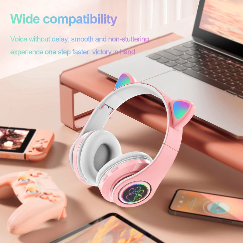 Fones de Ouvido VAKIND – Sem Fio Bluetooth com Luz LED em Formato de Orelhas de Gato, Microfone e Controle, Over-Ear para Crianças e Adolescentes