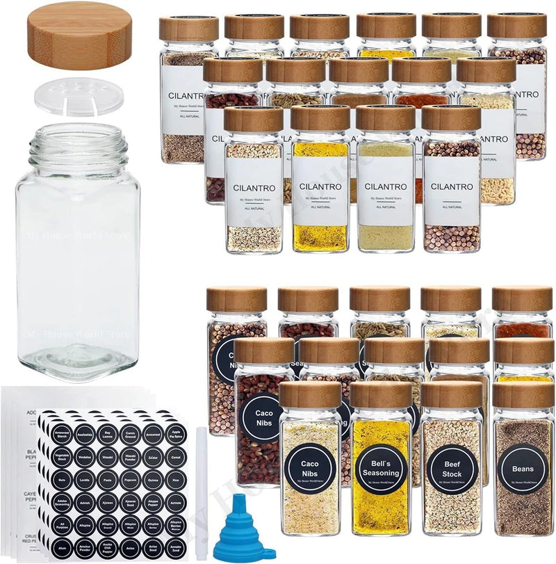 Conjunto de 13 Frascos de Especiarias de Vidro TCJJ | Potes de 4oz com Tampas de Bambu | Organizador de Temperos e Especiarias