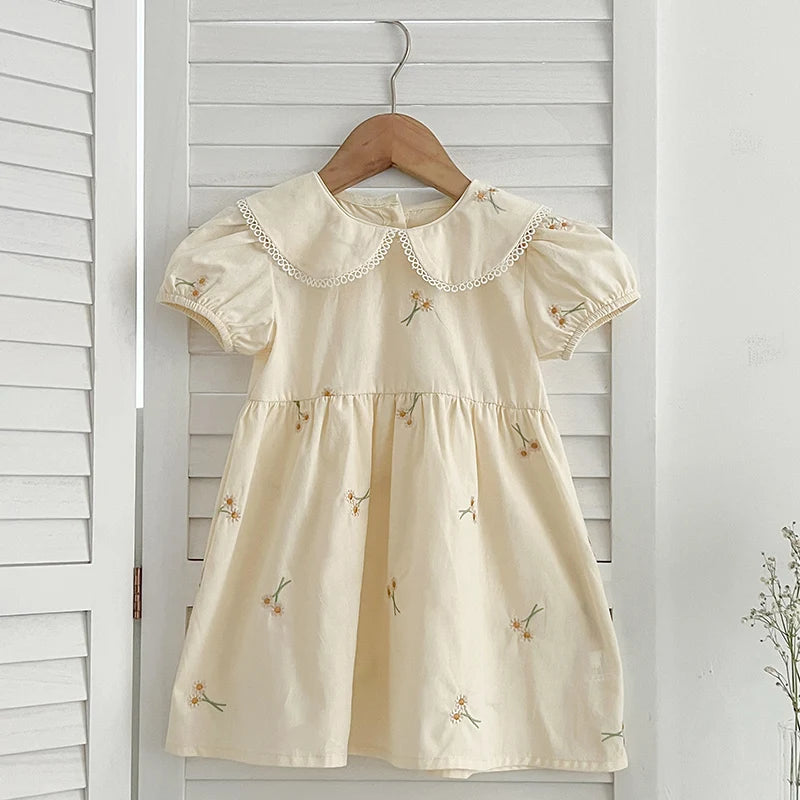 Vestido Infantil Princesa Floral com Bordado – Algodão, 1 a 6 Anos – Modelo Europeu