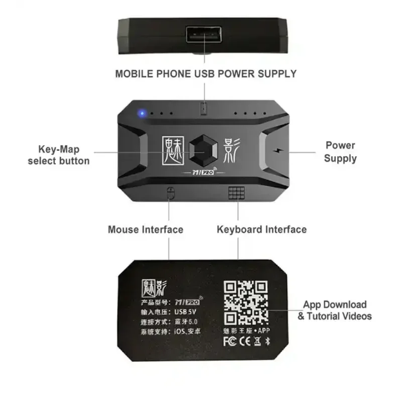Controlador Móvel LEEDOAR M1 Pro 4 em 1 – Adaptador Mouse e Teclado Bluetooth V5.0 Programável para iOS e Android