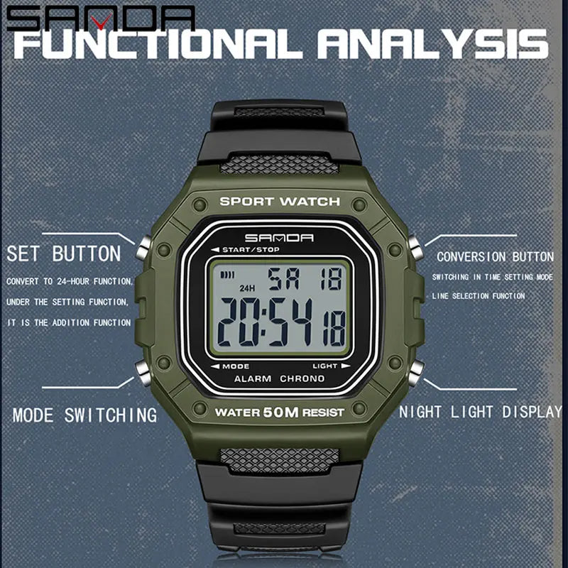 Relógio Masculino Esportivo SANDA 2156 – Digital Militar, à Prova d’Água, com LED e Cronômetro