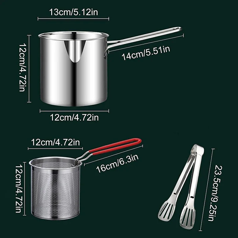 Conjunto de Frigideiras Japonesas de Aço Inoxidável 304 | Fritadeira Profunda Econômica em Óleo com Cesto para Tempurá, Frango e Batatas