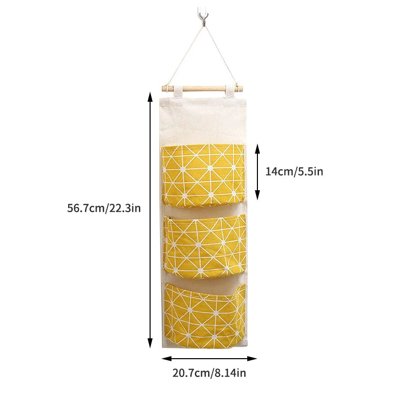 Bolsa de Armazenamento de Parede com 3 Bolsos | Organizador de Algodão e Linho para Casa, Quarto, Sala e Cozinha