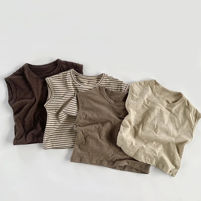 Camiseta Infantil Regata Listrada em Algodão – Estilo Casual Coreano para Verão (4 a 6 anos)