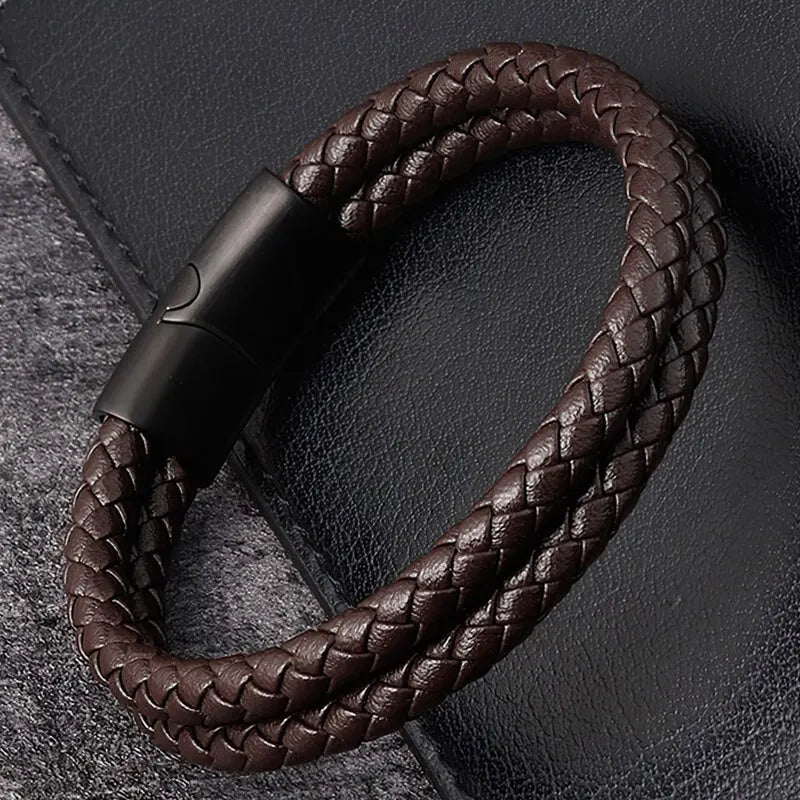 Pulseira Masculina de Couro Trançado com Aço Inoxidável – Estilo Moderno
