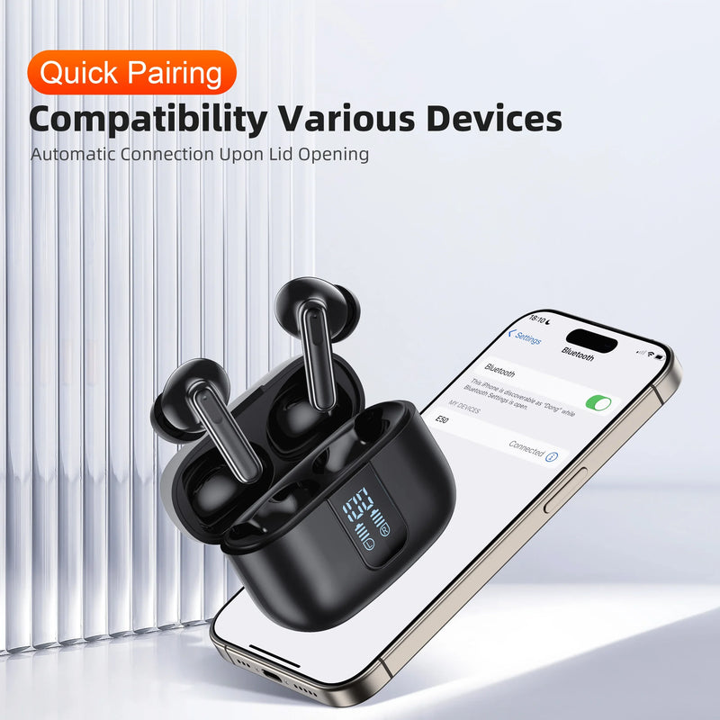 Fone de Ouvido QERE E50 – Bluetooth 5.3, Som Hi-Fi, 4 Microfones com Cancelamento de Ruído ENC e Baixa Latência
