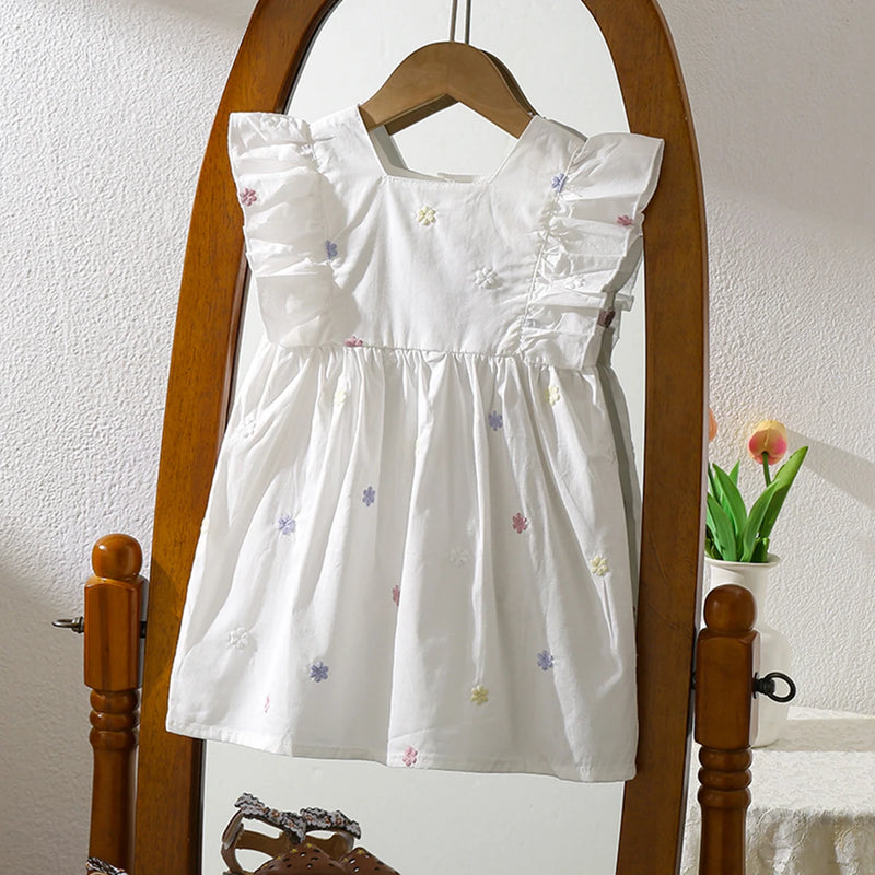 Vestido Infantil Princesa Floral com Bordado – Algodão, 1 a 6 Anos – Modelo Europeu