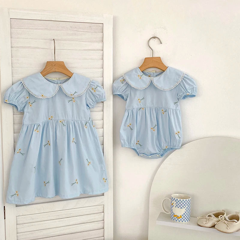 Vestido Infantil Princesa Floral com Bordado – Algodão, 1 a 6 Anos – Modelo Europeu